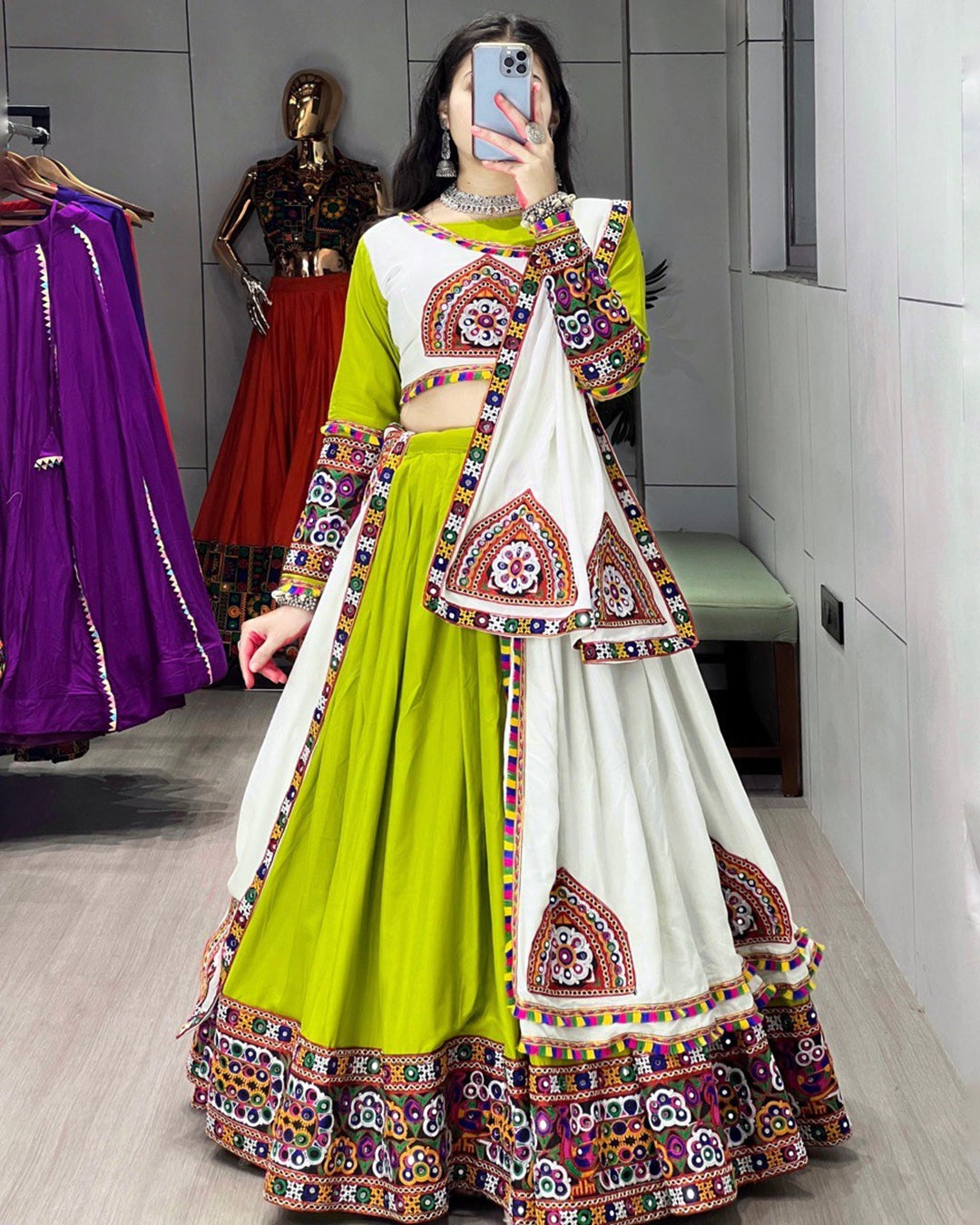 Pure Rayon Cotton Lehenga Choli in Parrot & White – Navratri Wear