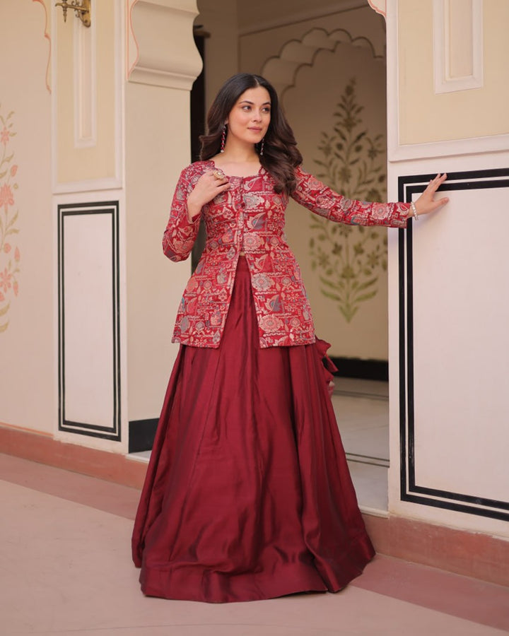 Stylish Maroon Shimmer Lehenga Choli – Western Fusion Look