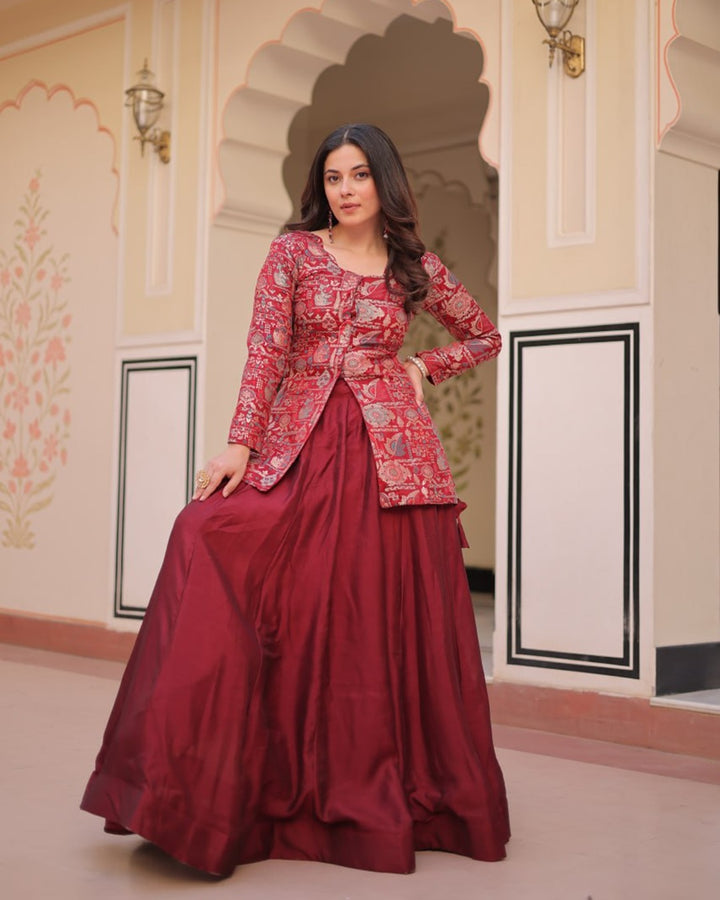 Stylish Maroon Shimmer Lehenga Choli – Western Fusion Look
