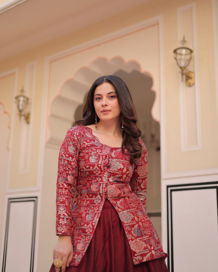 Stylish Maroon Shimmer Lehenga Choli – Western Fusion Look