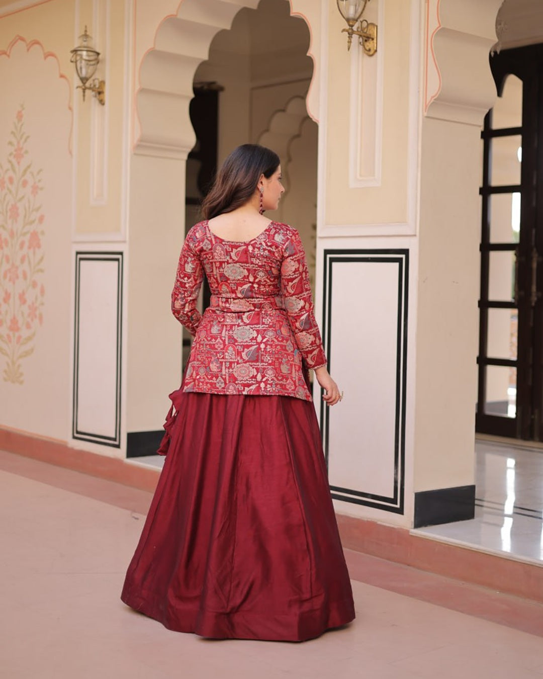 Stylish Maroon Shimmer Lehenga Choli – Western Fusion Look