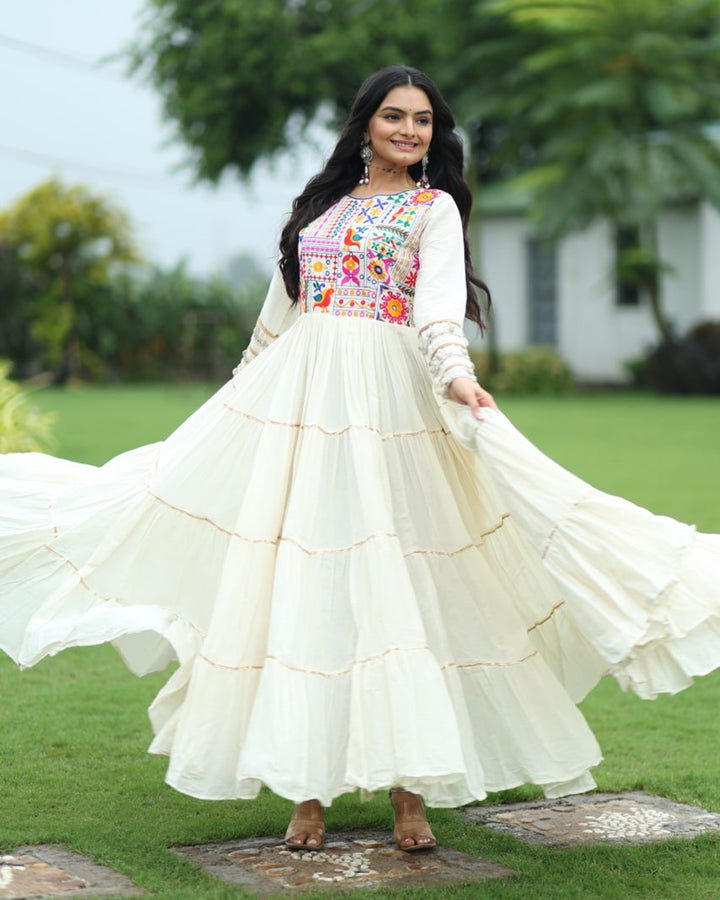 Traditional Kora Cotton Embroidered Gown with Gota Patti Detailing