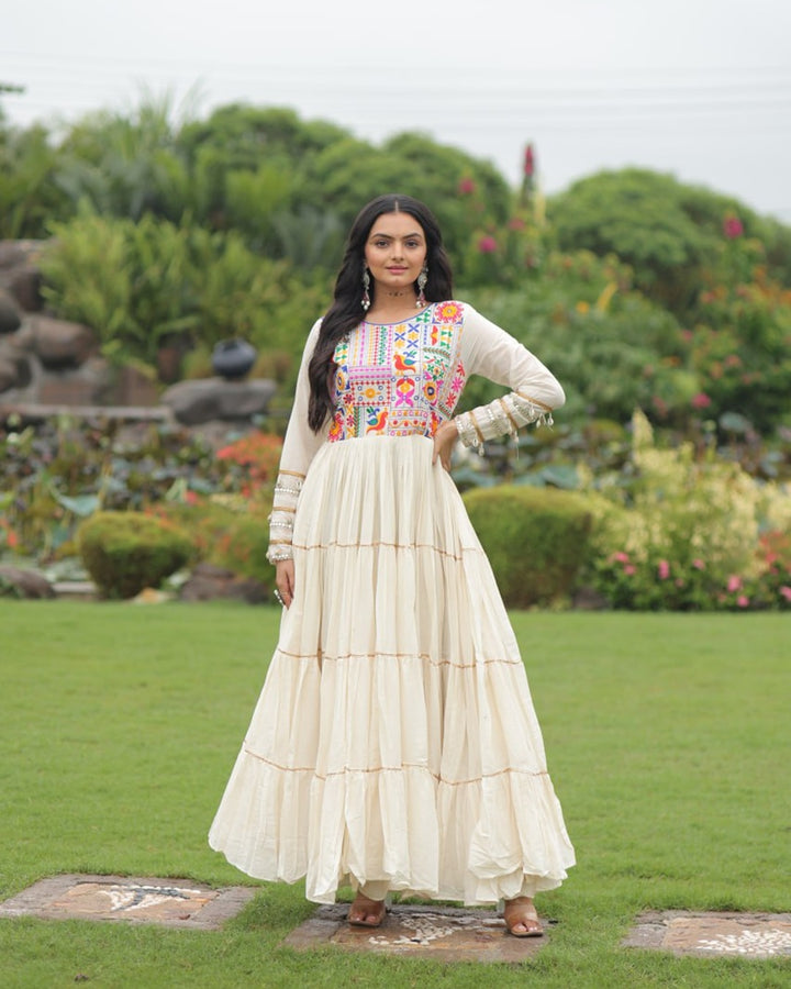 Traditional Kora Cotton Embroidered Gown with Gota Patti Detailing