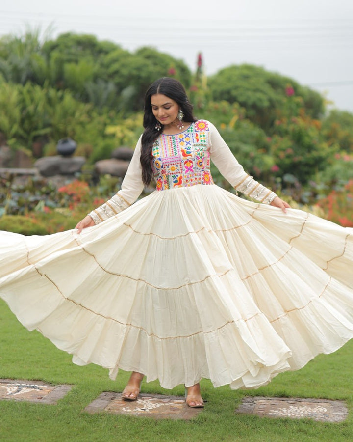 Traditional Kora Cotton Embroidered Gown with Gota Patti Detailing