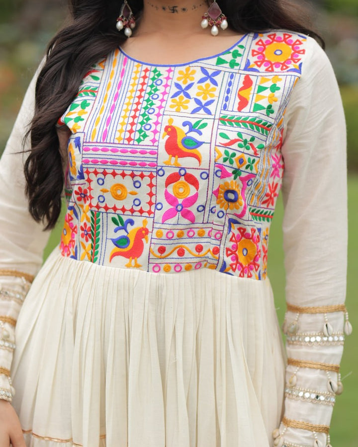Traditional Kora Cotton Embroidered Gown with Gota Patti Detailing