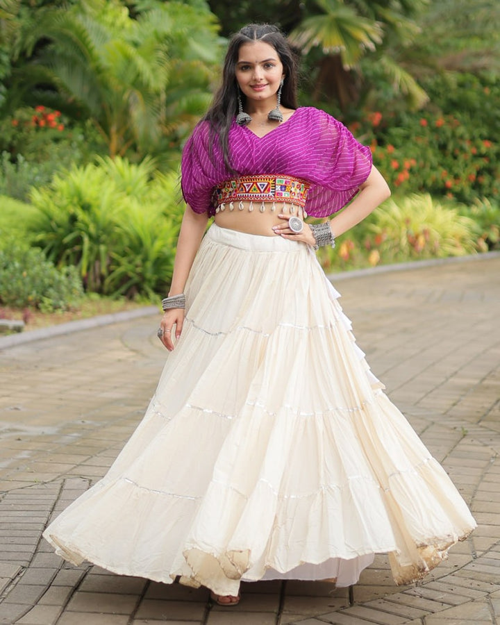 Traditional White Lehenga in Kora Cotton with Contrasting Purple Choli