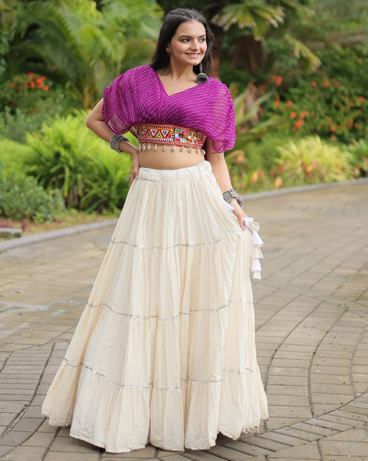 Traditional White Lehenga in Kora Cotton with Contrasting Purple Choli