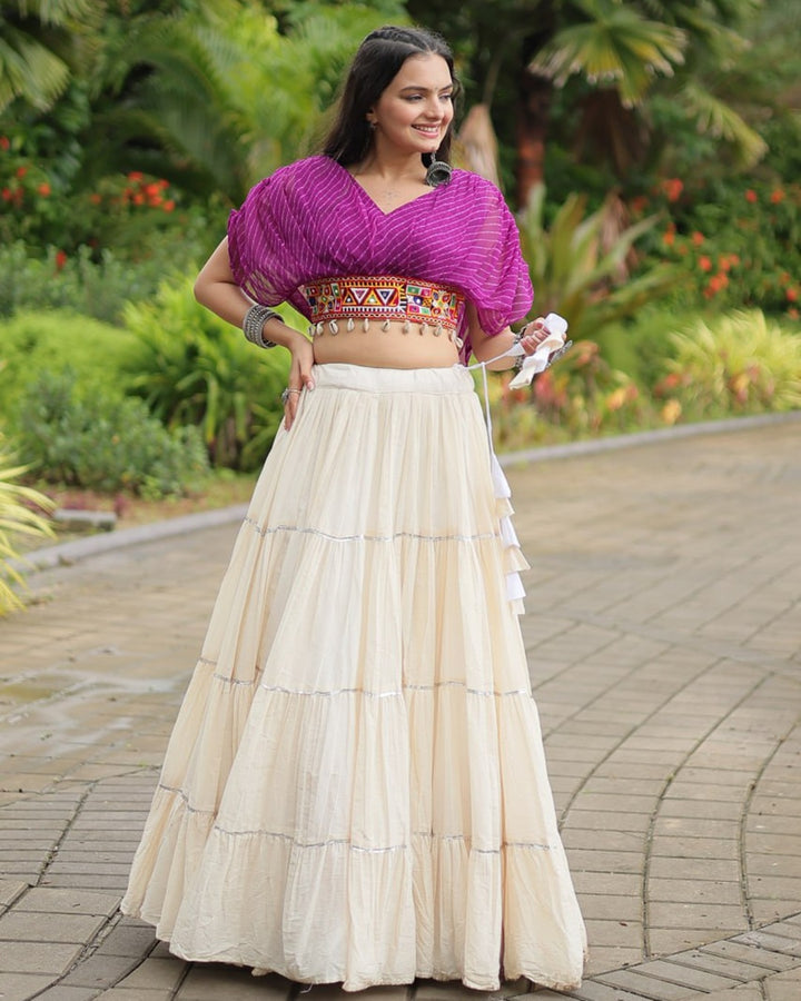 Traditional White Lehenga in Kora Cotton with Contrasting Purple Choli