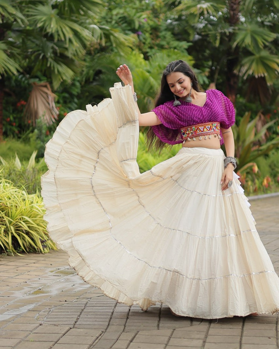 Traditional White Lehenga in Kora Cotton with Contrasting Purple Choli
