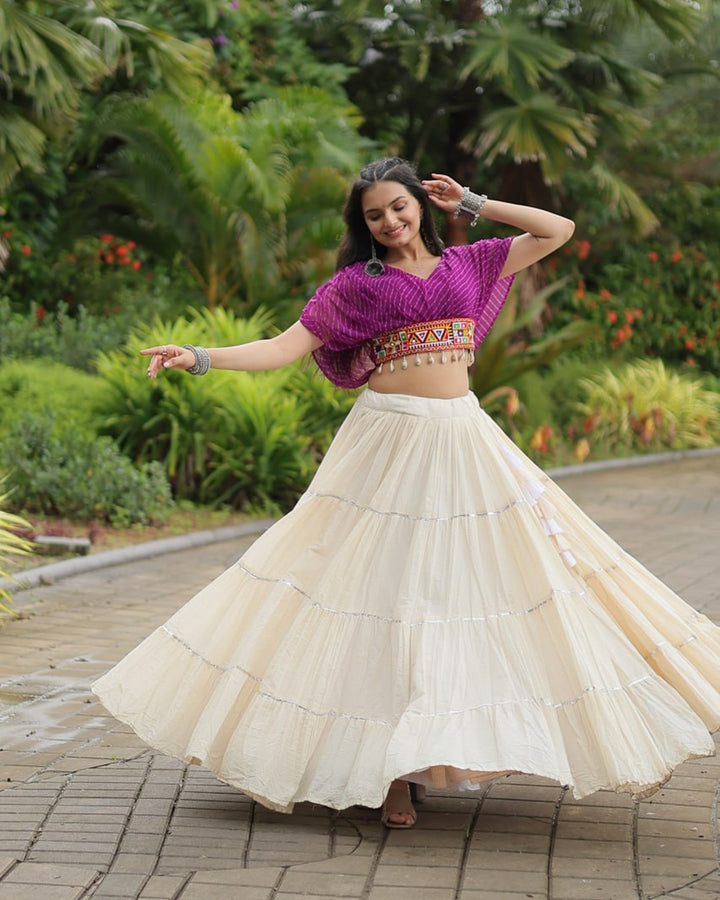 Traditional White Lehenga in Kora Cotton with Contrasting Purple Choli