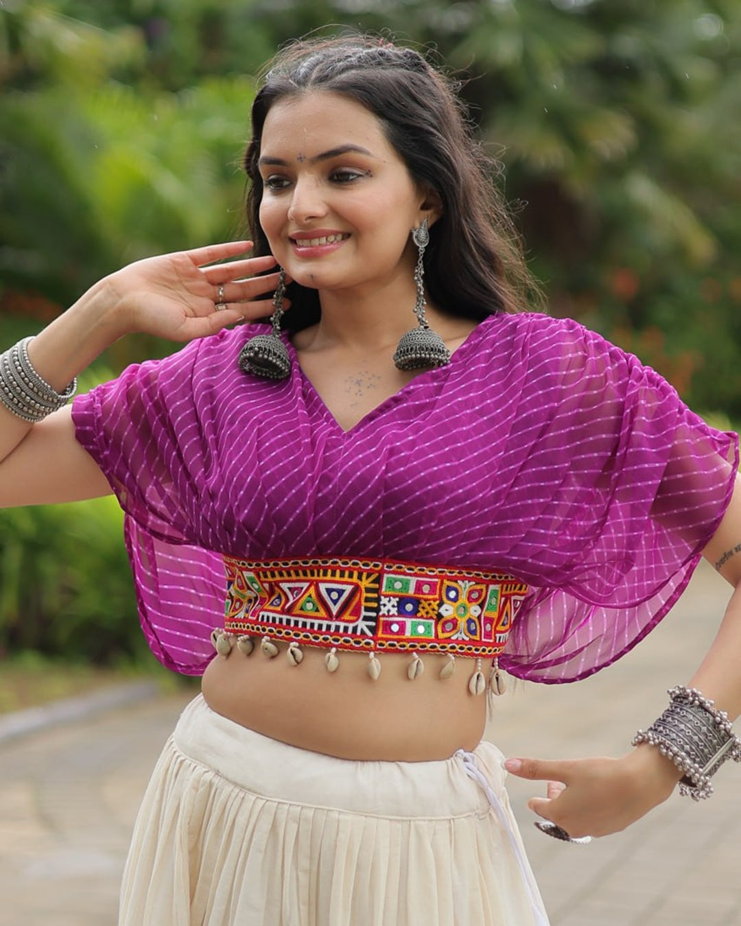 Traditional White Lehenga in Kora Cotton with Contrasting Purple Choli