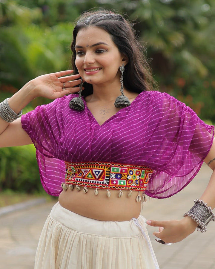 Traditional White Lehenga in Kora Cotton with Contrasting Purple Choli