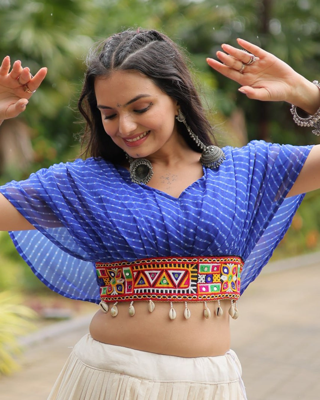 Traditional White Lehenga in Kora Cotton with Blue Blouse