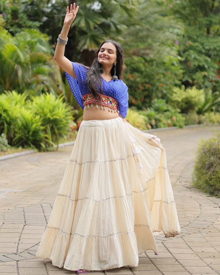 Traditional White Lehenga in Kora Cotton with Blue Blouse