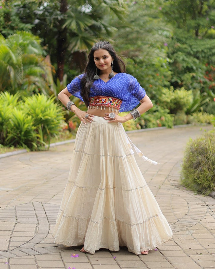 Traditional White Lehenga in Kora Cotton with Blue Blouse