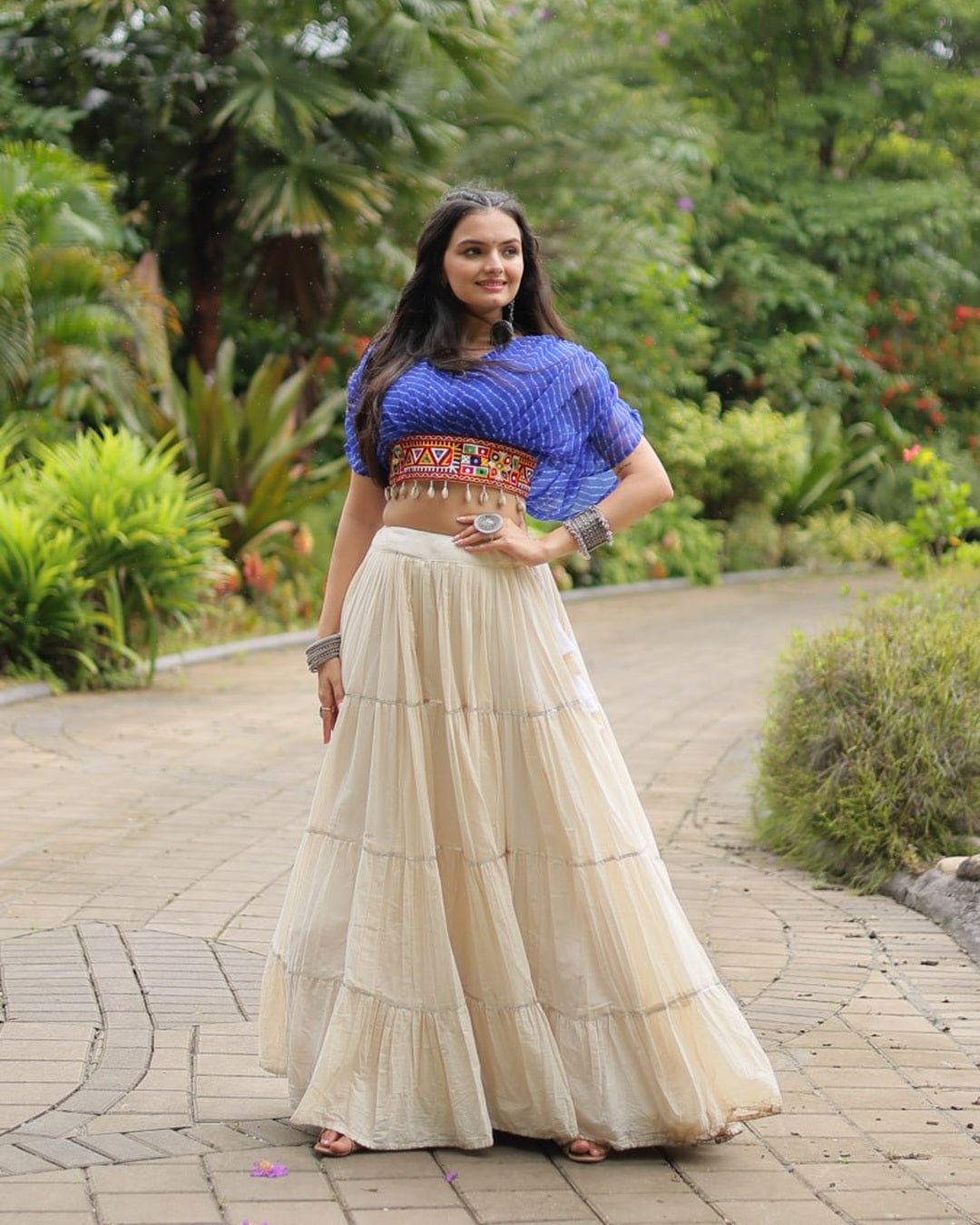 Traditional White Lehenga in Kora Cotton with Blue Blouse