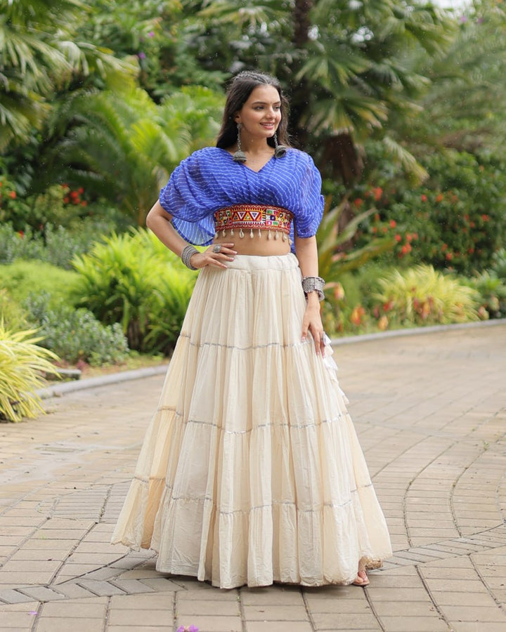 Traditional White Lehenga in Kora Cotton with Blue Blouse
