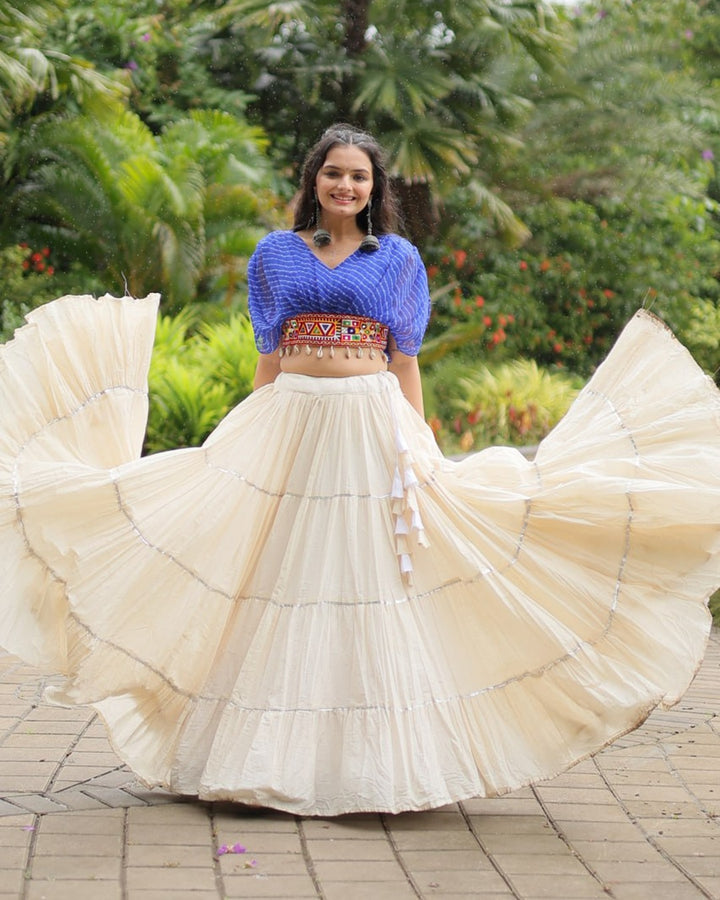 Traditional White Lehenga in Kora Cotton with Blue Blouse