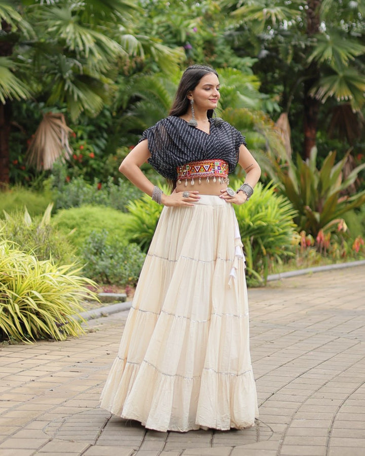 Elegant White Kora Cotton Lehenga Paired with Black Blouse
