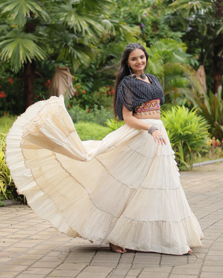 Elegant White Kora Cotton Lehenga Paired with Black Blouse