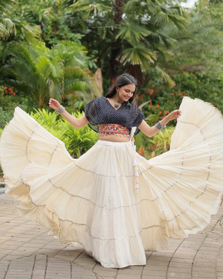 Elegant White Kora Cotton Lehenga Paired with Black Blouse