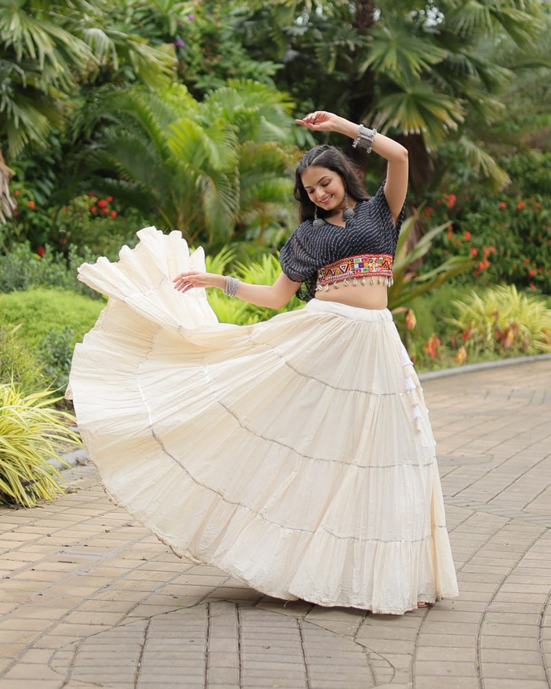 Elegant White Kora Cotton Lehenga Paired with Black Blouse