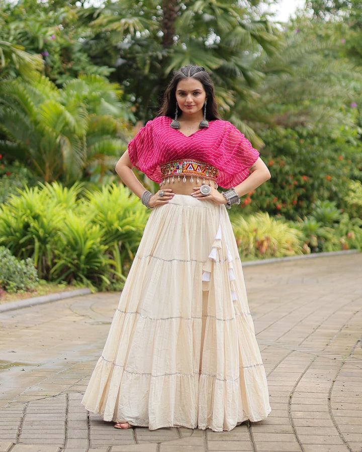 Classic White & Pink Lehenga Choli Set in Kora Cotton