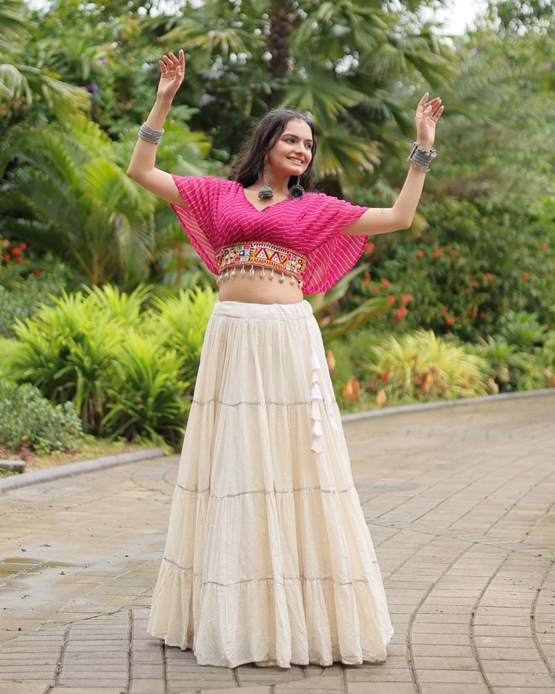 Classic White & Pink Lehenga Choli Set in Kora Cotton