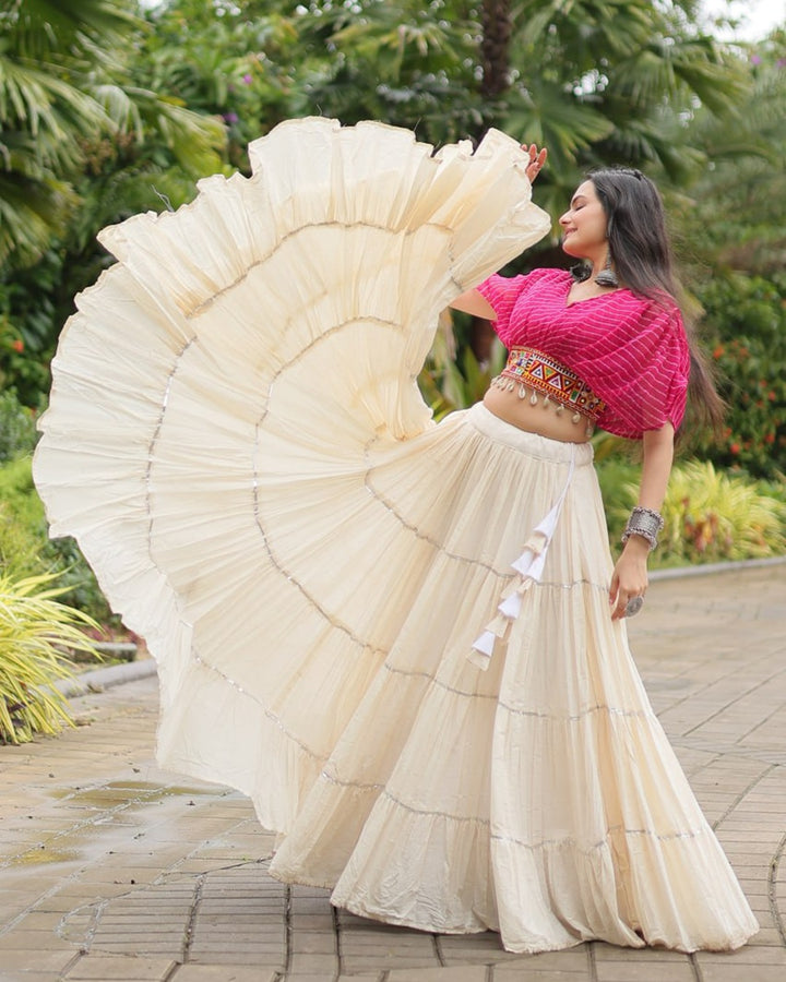 Classic White & Pink Lehenga Choli Set in Kora Cotton
