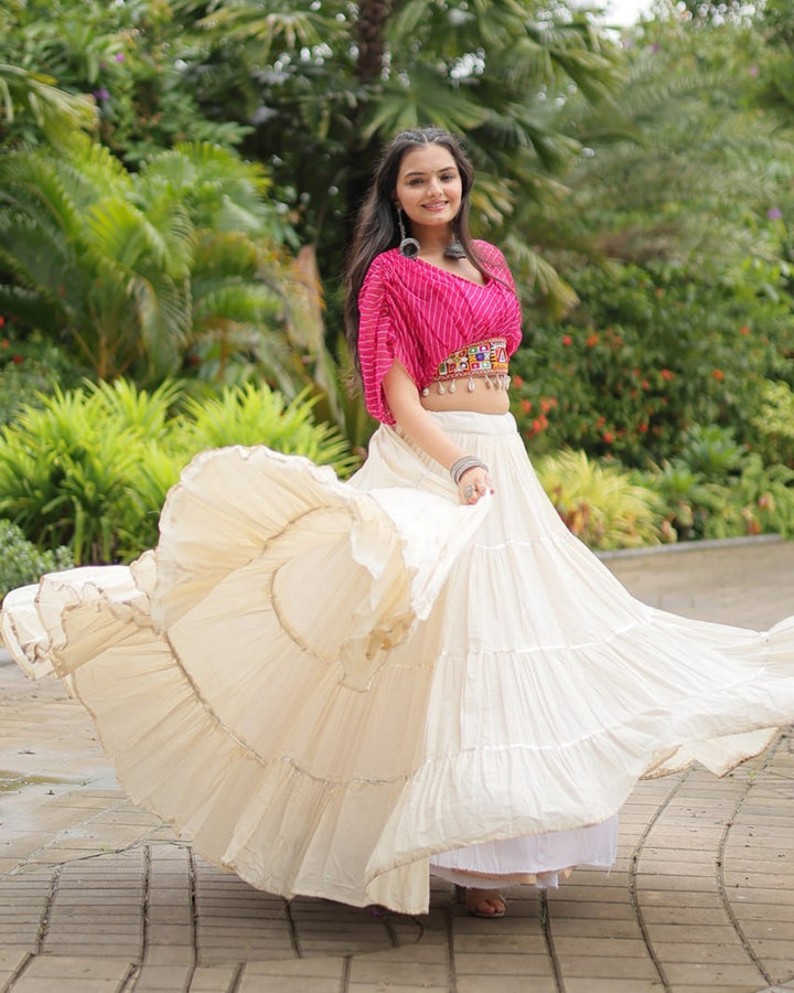 Classic White & Pink Lehenga Choli Set in Kora Cotton