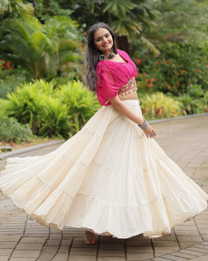 Classic White & Pink Lehenga Choli Set in Kora Cotton