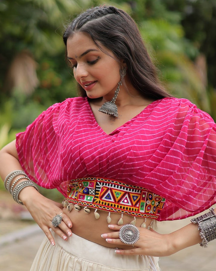 Classic White & Pink Lehenga Choli Set in Kora Cotton