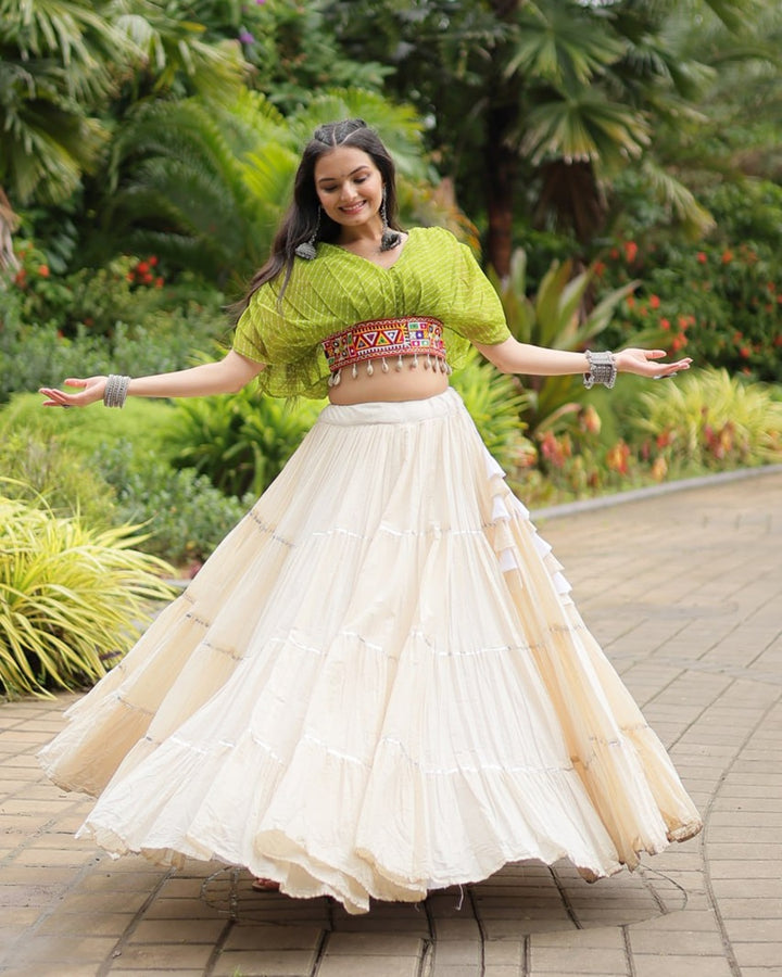 Traditional White Lehenga in Kora Cotton with Parrot Green Blouse