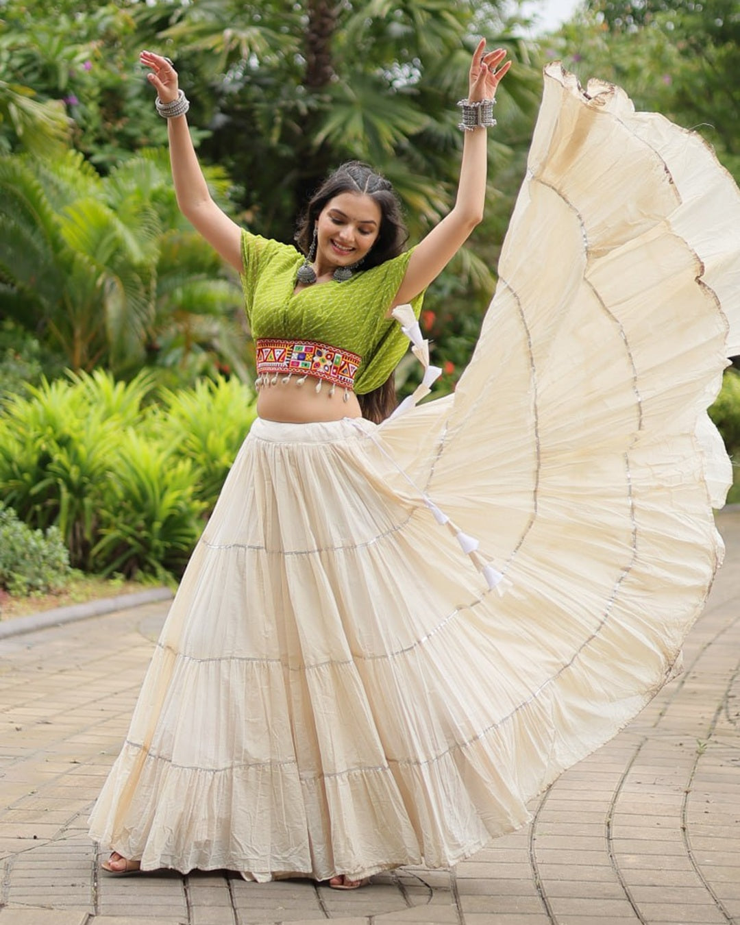Traditional White Lehenga in Kora Cotton with Parrot Green Blouse