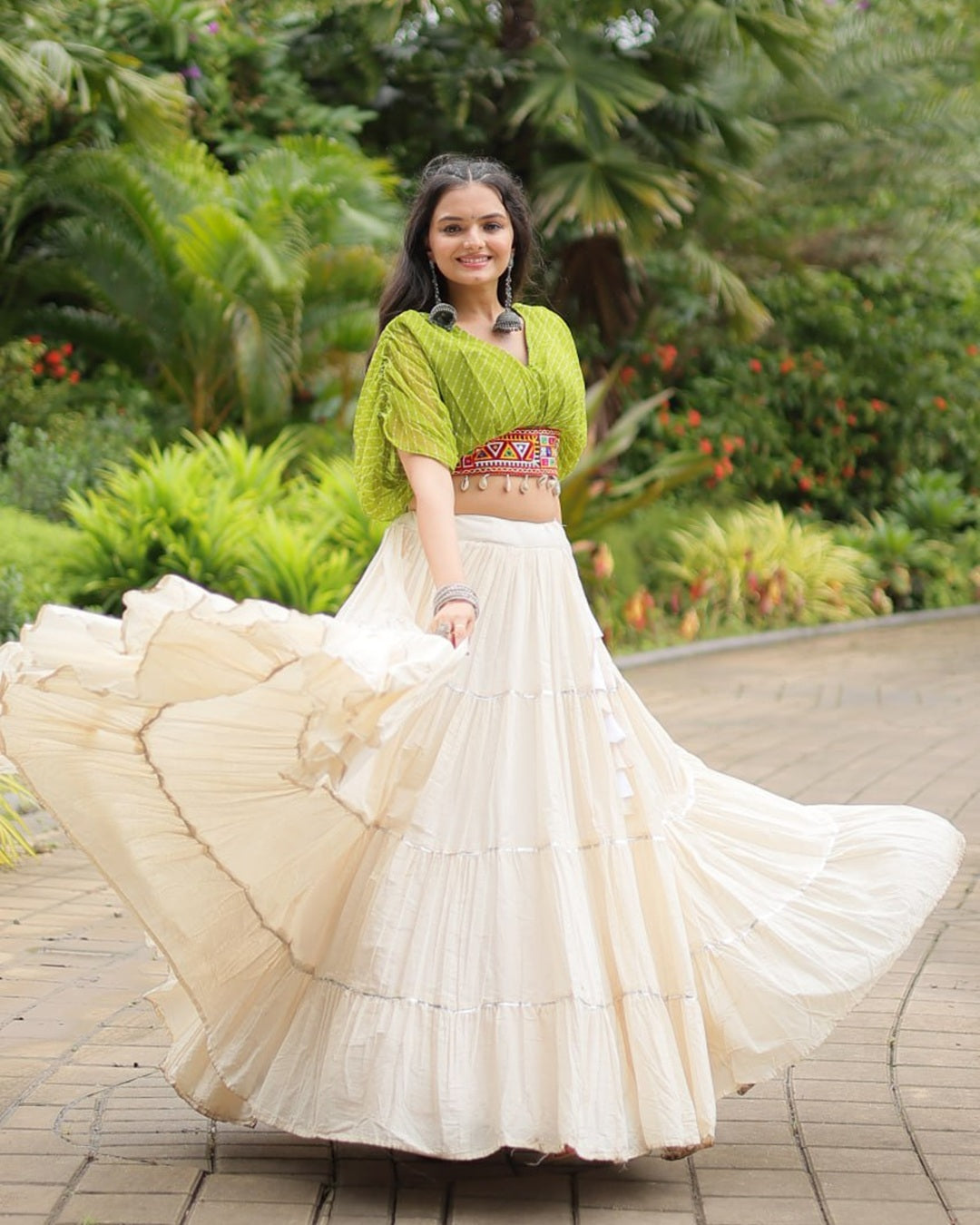 Traditional White Lehenga in Kora Cotton with Parrot Green Blouse