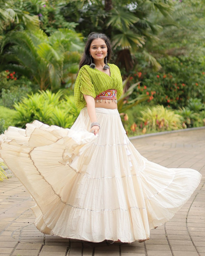Traditional White Lehenga in Kora Cotton with Parrot Green Blouse