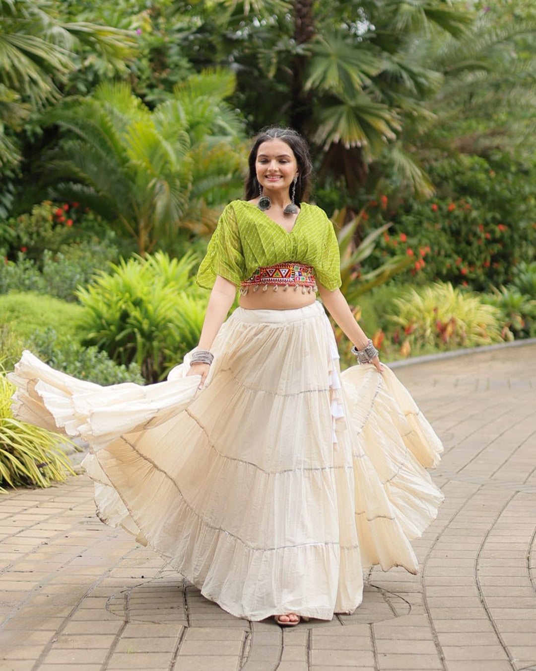 Traditional White Lehenga in Kora Cotton with Parrot Green Blouse