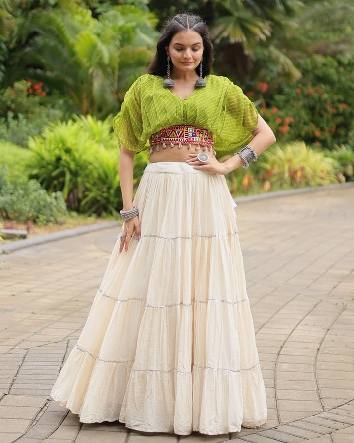 Traditional White Lehenga in Kora Cotton with Parrot Green Blouse