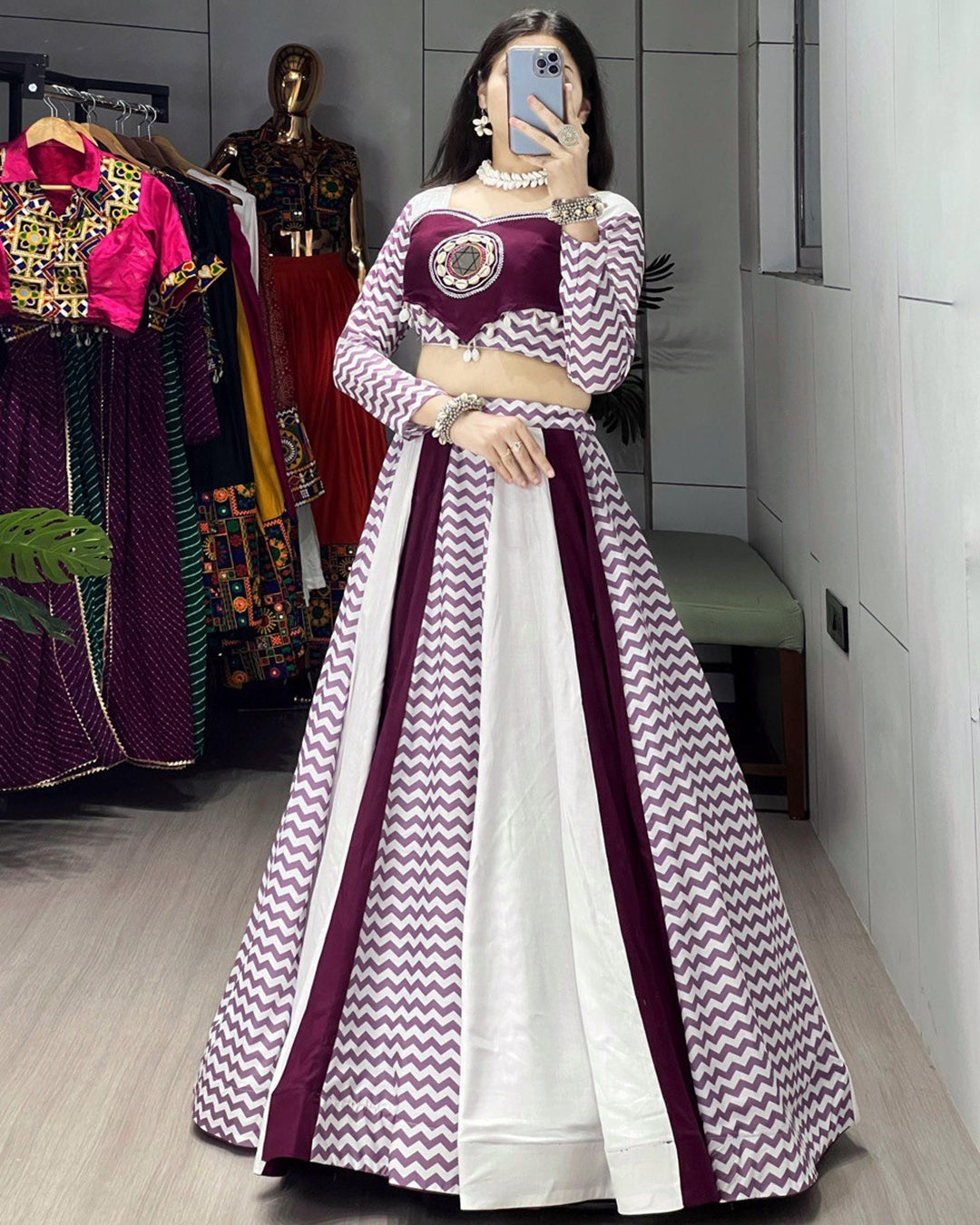 Pure Rayon Cotton Lehenga Choli in White Wine Shade – Navratri Special