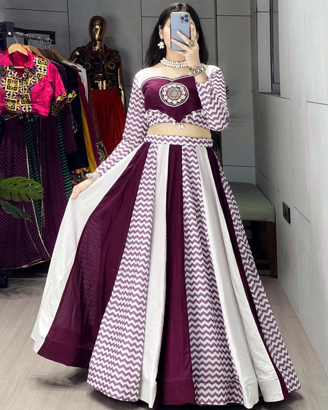 Pure Rayon Cotton Lehenga Choli in White Wine Shade – Navratri Special