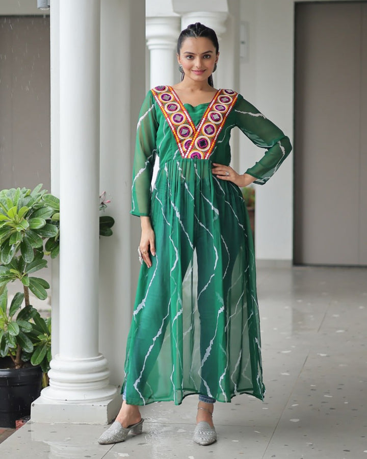 Festive Bloom – Green Kutchi Work Kurti