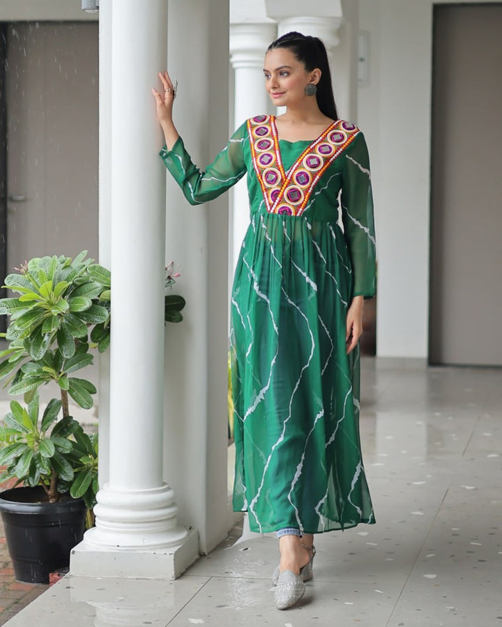 Festive Bloom – Green Kutchi Work Kurti