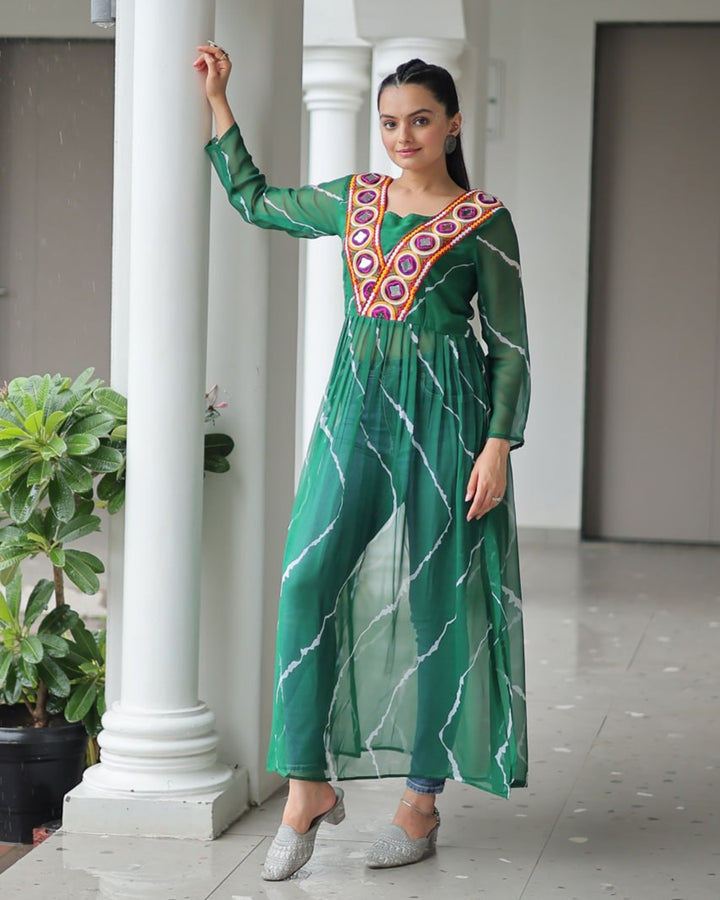 Festive Bloom – Green Kutchi Work Kurti
