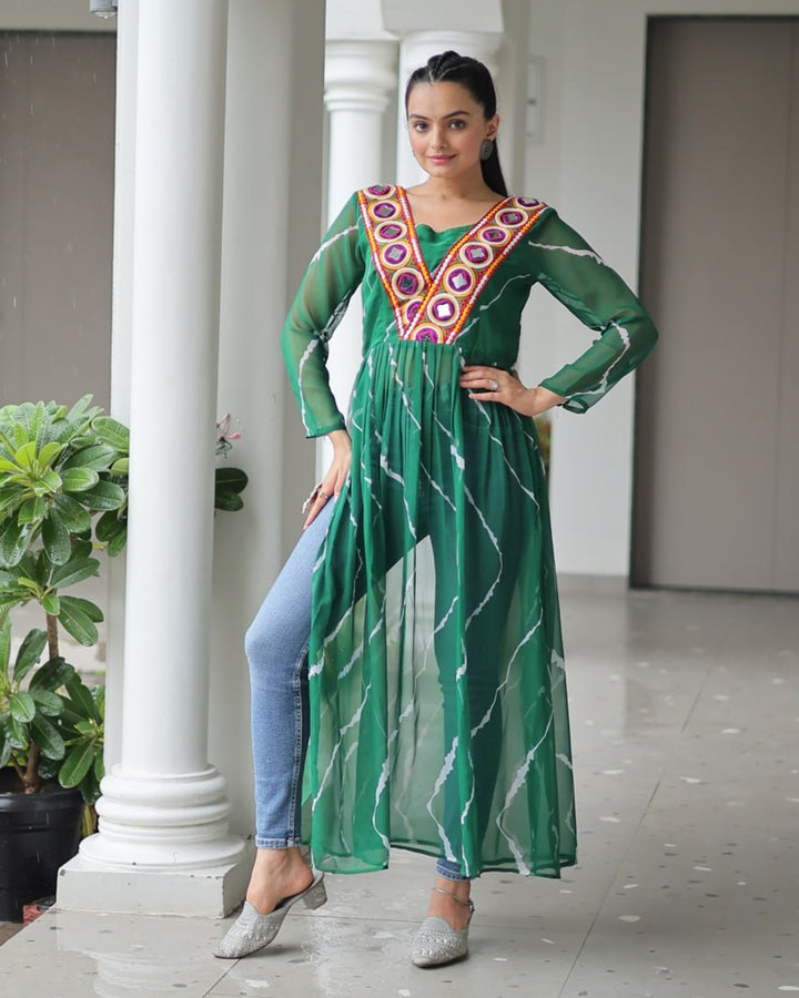 Festive Bloom – Green Kutchi Work Kurti
