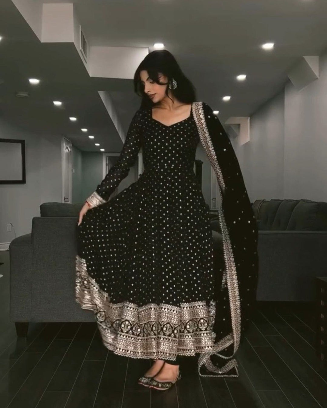 Black Faux Anarkali with Zari & Sequin Work
