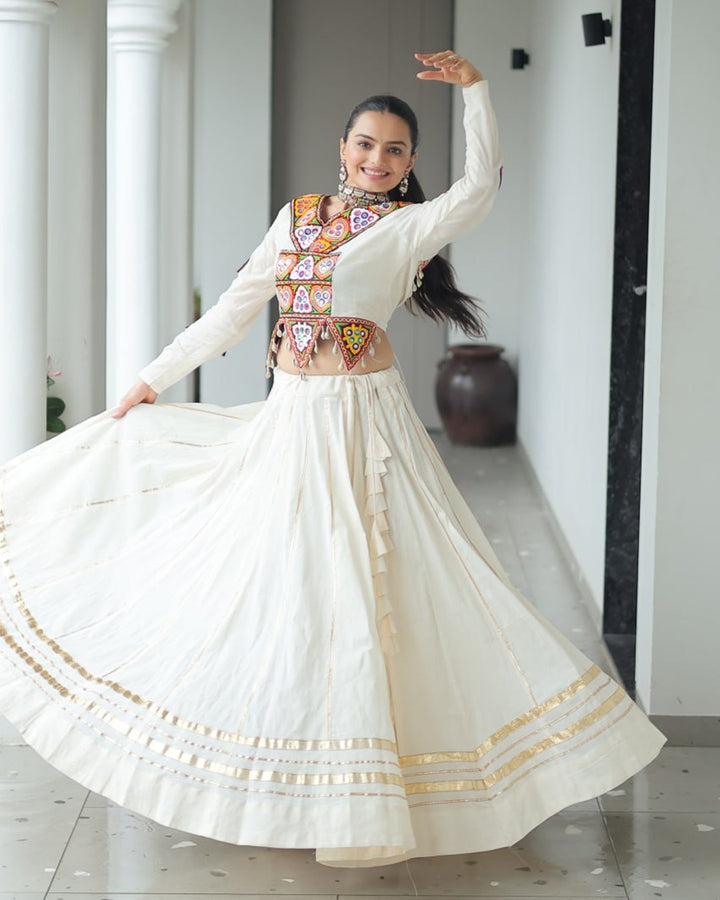 Traditional Off-White Mirror Work Lehenga Choli in Kora Cotton