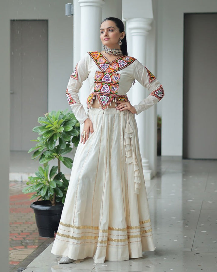 Traditional Off-White Mirror Work Lehenga Choli in Kora Cotton