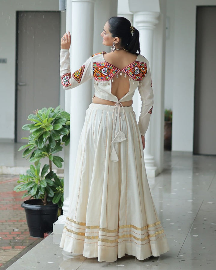 Traditional Off-White Mirror Work Lehenga Choli in Kora Cotton