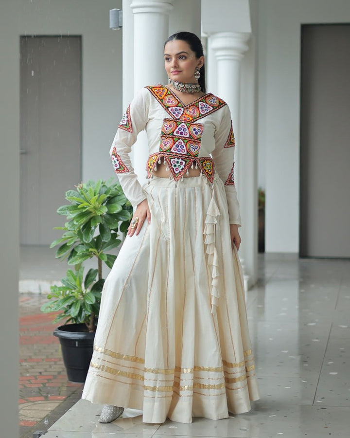 Traditional Off-White Mirror Work Lehenga Choli in Kora Cotton