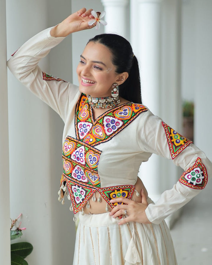 Traditional Off-White Mirror Work Lehenga Choli in Kora Cotton